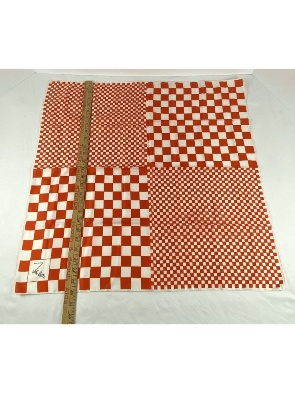 John Weitz Vintage Orange & White Checkered Scarf 26" Square Made In Italy - Picture 7 of 9